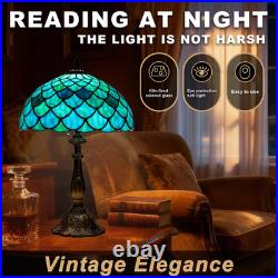 Vintage Tiffany Sea Blue Stained Glass Table Lamp Bronze Resin Base 12x19 Vintage Tiffany Sea Blue Stained Glass Table Lamp Bronze Resin Base 12x19