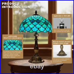 Vintage Tiffany Sea Blue Stained Glass Table Lamp Bronze Resin Base 12x19