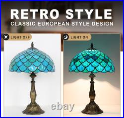 Vintage Tiffany Sea Blue Stained Glass Table Lamp Bronze Resin Base 12x19