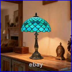 Vintage Tiffany Sea Blue Stained Glass Table Lamp Bronze Resin Base 12x19