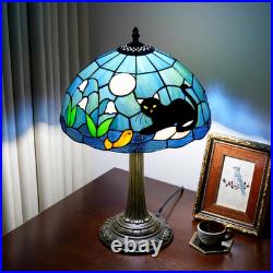 Vintage Tiffany Style Black Cat Blue Stained Glass Table Lamp Desk Decor Light