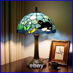 Vintage Tiffany Style Black Cat Blue Stained Glass Table Lamp Desk Decor Light
