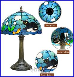 Vintage Tiffany Style Black Cat Stained Glass Table Lamp 12x12x18 Bedroom Decor
