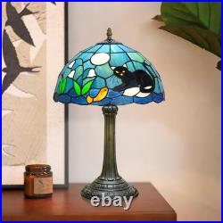Vintage Tiffany Style Black Cat Stained Glass Table Lamp 12x12x18 Bedroom Decor