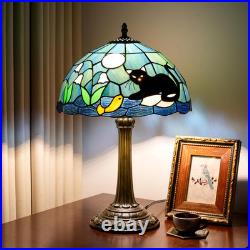 Vintage Tiffany Style Black Cat Stained Glass Table Lamp 12x12x18 Bedroom Decor