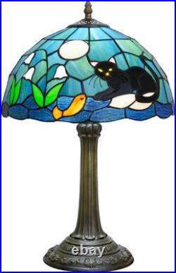 Vintage Tiffany Style Black Cat Stained Glass Table Lamp 12x12x18 Bedroom Decor