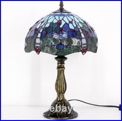 Vintage Tiffany Style Blue Dragonfly Stained Glass Table Lamp Bedside Light