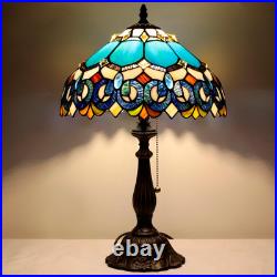 Vintage Tiffany Style Blue Jewelry Baroque Stained Glass Table Lamp 19 Inch