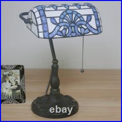 Vintage Tiffany Style Blue Stained Glass Bankers Desk Lamp with Alloy Base