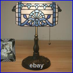 Vintage Tiffany Style Blue Stained Glass Bankers Desk Lamp with Alloy Base