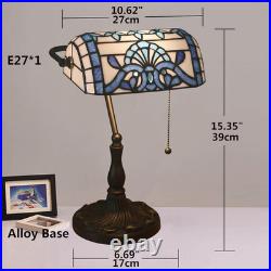 Vintage Tiffany Style Blue Stained Glass Bankers Desk Lamp with Alloy Base