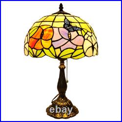 Vintage Tiffany-Style Butterfly&Floral Stained Glass Pull Chain Table Lamp