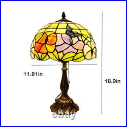 Vintage Tiffany-Style Butterfly&Floral Stained Glass Pull Chain Table Lamp