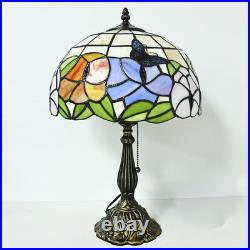 Vintage Tiffany-Style Butterfly&Floral Stained Glass Pull Chain Table Lamp