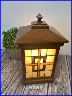 Vintage Tiffany Style Glass & Wood Electric Lanterns Table Lamp 15 Tall