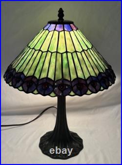 Vintage Tiffany Style Jeweled Peacock Stained Glass Table Lamp Art Nouveau Base