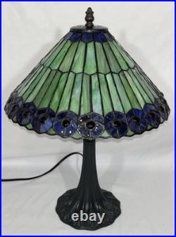 Vintage Tiffany Style Jeweled Peacock Stained Glass Table Lamp Art Nouveau Base