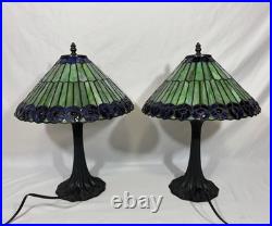 Vintage Tiffany Style Jeweled Peacock Stained Glass Table Lamp Art Nouveau Base