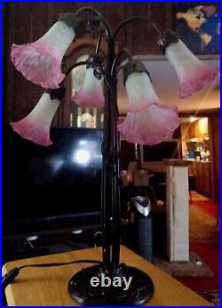 Vintage Tiffany Style Lily Dragonfly Table Lamp with 6 Frosted Pink Tulip Shades