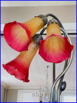Vintage Tiffany Style Meyda Lighting 16' Orange Red Pond Lily 3 Light Table Lamp Vintage Tiffany Style Meyda Lighting 16' Orange Red Pond Lily 3 Light Table Lamp