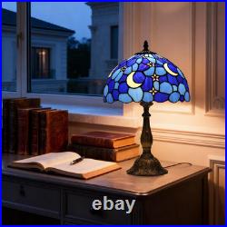 Vintage Tiffany Style Moon Blue Stained Glass Table Lamp Bedside Reading Light