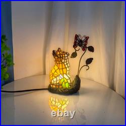 Vintage Tiffany Style Orange Cat Stained Glass Table Lamp 10 Butterfly Accent