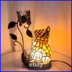 Vintage Tiffany Style Orange Cat Stained Glass Table Lamp 10 Butterfly Accent