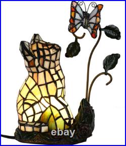 Vintage Tiffany Style Orange Cat Stained Glass Table Lamp 10 Butterfly Accent