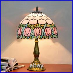 Vintage Tiffany Style Pink Tulip Stained Glass Table Lamp Bedside Reading Light