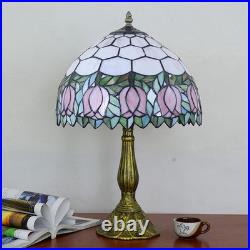 Vintage Tiffany Style Pink Tulip Stained Glass Table Lamp Bedside Reading Light