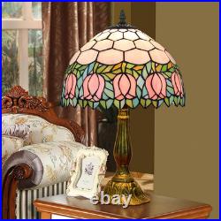 Vintage Tiffany Style Pink Tulip Stained Glass Table Lamp Bedside Reading Light
