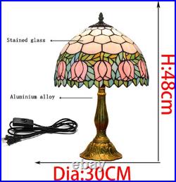 Vintage Tiffany Style Pink Tulip Stained Glass Table Lamp Bedside Reading Light