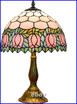 Vintage Tiffany Style Pink Tulip Stained Glass Table Lamp Bedside Reading Light