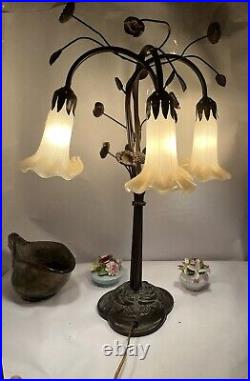 Vintage Tiffany Style Pond Lily Three Yellow Shade Lamp