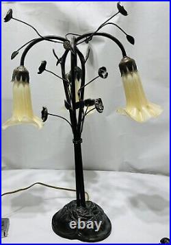 Vintage Tiffany Style Pond Lily Three Yellow Shade Lamp