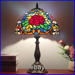Vintage Tiffany Style Red Rose Stained Glass Table Lamp 3 Color Bedside Light