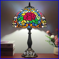 Vintage Tiffany Style Red Rose Stained Glass Table Lamp 3 Color Bedside Light