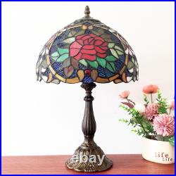 Vintage Tiffany Style Red Rose Stained Glass Table Lamp 3 Color Bedside Light