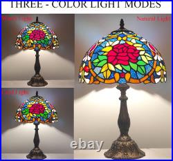 Vintage Tiffany Style Red Rose Stained Glass Table Lamp 3 Color Bedside Light