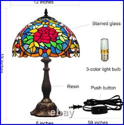 Vintage Tiffany Style Red Rose Stained Glass Table Lamp 3 Color Bedside Light