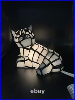 Vintage Tiffany Style Stained Glass Resting Cat Kitty Table Lamp Night Light