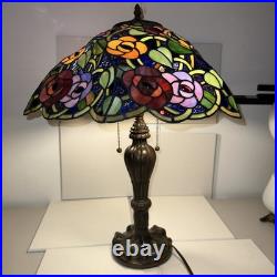 Vintage Tiffany Style Stained Glass Roses & Grapes 25H Table Lamp 17D Shade