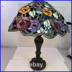 Vintage Tiffany Style Stained Glass Roses & Grapes 25H Table Lamp 17D Shade