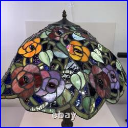 Vintage Tiffany Style Stained Glass Roses & Grapes 25H Table Lamp 17D Shade