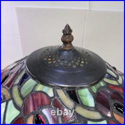 Vintage Tiffany Style Stained Glass Roses & Grapes 25H Table Lamp 17D Shade