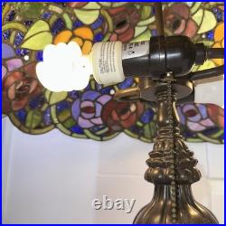 Vintage Tiffany Style Stained Glass Roses & Grapes 25H Table Lamp 17D Shade