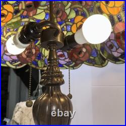 Vintage Tiffany Style Stained Glass Roses & Grapes 25H Table Lamp 17D Shade
