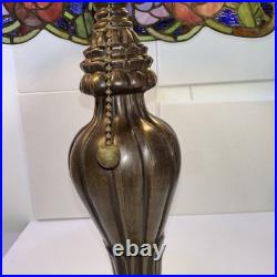 Vintage Tiffany Style Stained Glass Roses & Grapes 25H Table Lamp 17D Shade
