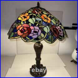 Vintage Tiffany Style Stained Glass Roses & Grapes 25H Table Lamp 17D Shade