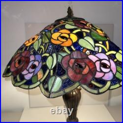 Vintage Tiffany Style Stained Glass Roses & Grapes 25H Table Lamp 17D Shade